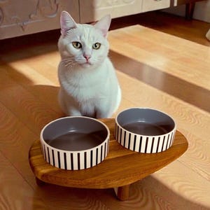以下が含まれることがあります： 白い猫が、2つのセラミックボウルが付いた木製のペットフードスタンドの近くに座っています。ボウルは内側がグレーで、白と黒の縦縞模様で装飾されています。スタンドは楕円形で、短い脚が付いています。