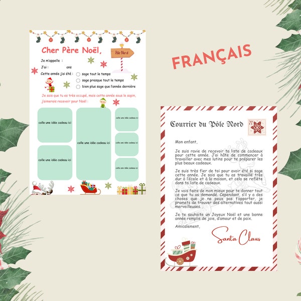 Lettre imprimable pour le Père Noël + lettre réponse du Père Noël, éditable en PDF, liste de cadeaux de Noël, lettre réponse du Père Noël