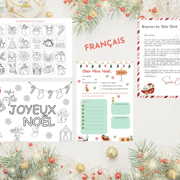 Bundle liste de cadeaux de Noël enfant + lettre de réponse du Père Noël + calendrier de l'Avent à colorier, PDF, activités pour enfants