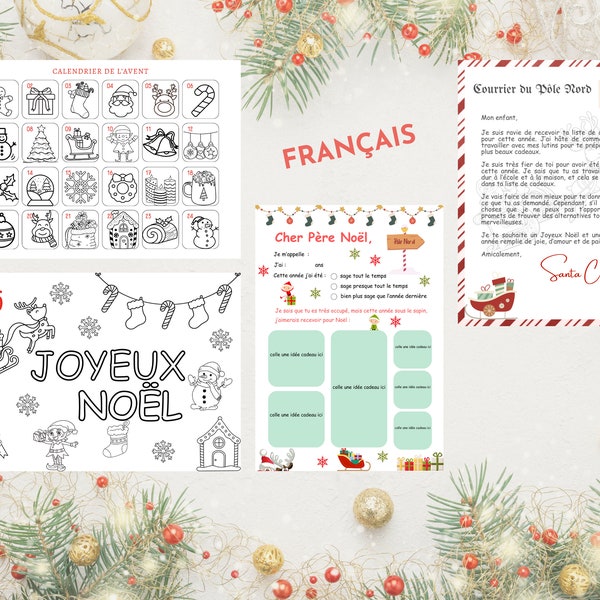 Bundle liste de cadeaux de Noël enfant + lettre de réponse du Père Noël + calendrier de l'Avent à colorier, PDF, activités pour enfants