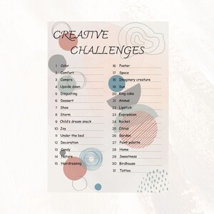 May include: A printable list of 31 creative challenges, with each challenge listed on a separate line. The list is surrounded by colorful abstract shapes.