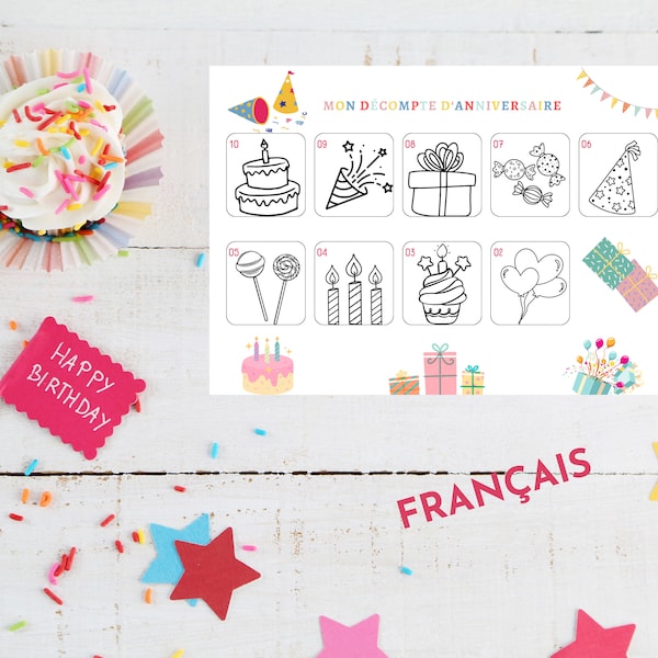 Calendrier d'anniversaire à colorier, PDF, décompte anniversaire, compte à rebours, activité enfant, coloriage pour attendre l'anniversaire