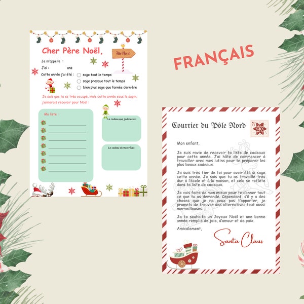 Lettre imprimable pour le Père Noël + lettre réponse du Père Noël, éditable en PDF, liste de cadeaux de Noël, lettre réponse du Père Noël