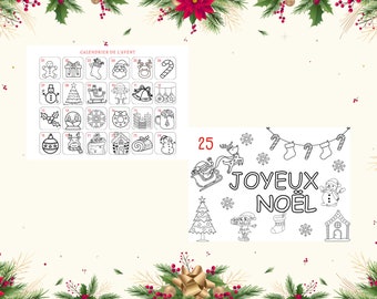 Calendrier de l'avent de Noël, à colorier, pour enfants, en PDF, compte à rebours de Noël, activité pour enfants, pages à colorier, décompte