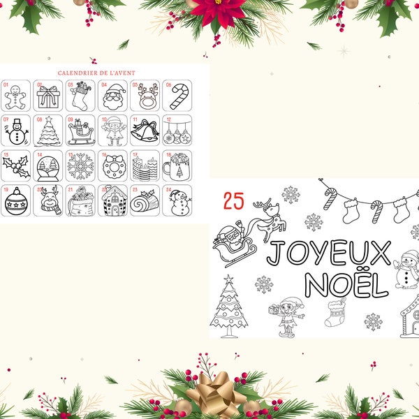 Calendrier de l'avent de Noël, à colorier, pour enfants, en PDF, compte à rebours de Noël, activité pour enfants, pages à colorier, décompte