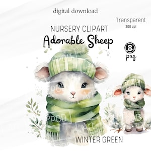 PNG navideño, estampados de ovejas verdes, imágenes prediseñadas de guardería para álbumes de recortes, tarjetas de felicitación, impresión bajo demanda, pegatinas, adornos, tazas, invitaciones