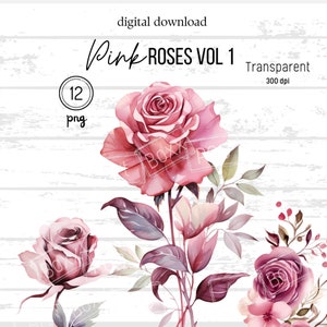 Coroa de rosas cor de rosa Vol 1, rosas PNG, clipart aquarela para cartão de agradecimento, placas de casamento, impressão sob demanda, diário, adesivos, álbum de recortes
