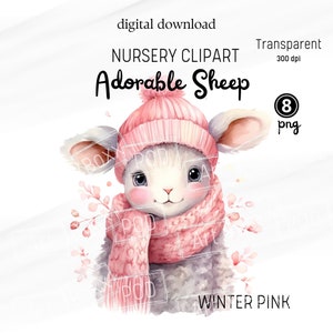 PNG navideño, estampados de ovejas en color rosa, imágenes prediseñadas de guardería para álbumes de recortes, tarjetas de felicitación, impresión bajo demanda, pegatinas, adornos, tazas, invitaciones