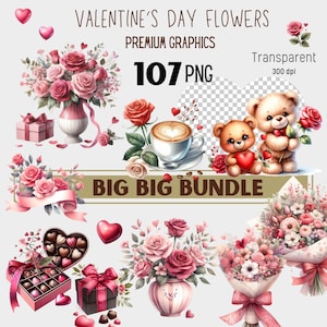 Valentines Clipart Bundle, Valentine PNG Bundle , Pink Rose, Pink Floral Clipart, Love PNG Designs, Pink Heart PNG, Classroom Valentines