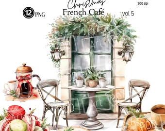 Könnte beinhalten: Eine Aquarellillustration einer französischen Weihnachtscafé-Szene. Das Bild zeigt ein Café mit einer grünen Tür, zwei Stühlen, einem Tisch mit Topfpflanzen, einer Kaffeekanne, einem Teller mit Keksen, einem Teller mit Macarons und einem Teller mit Croissants. Das Bild ist im digitalen Download-Format und hat 300 dpi.