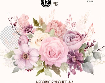 Wedding Bouquet Clipart, Wedding Bouquets Printable, Wedding Flowers Clipart Printable, Flowers PNG, Watercolor Flower Clipart, Pink Bouquet