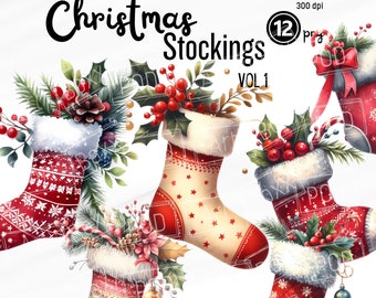 Christmas Clipart, Christmas Stocking Clipart, Seasonal Clipart, Christmas PNG Watercolor, Ornament Christmas PNG, Stocking Name Tag, V1