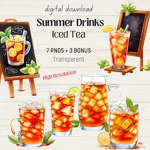 Jarra de chá gelado e vidro aquarela digital instantâneo - uso comercial PNG bebida de verão para sinal de assinatura de casamento, menu de bebidas, designs de POD