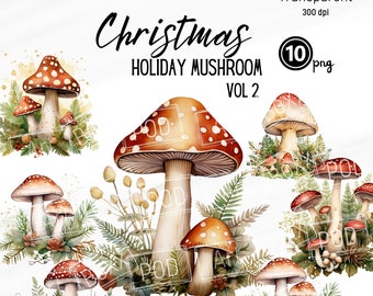 Christmas Clipart, Cute Mushroom Clipart, Cottagecore Clipart, Christmas Forest PNG, Watercolor Clipart, Ornament Cliparts, and more V2