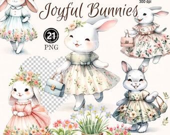 Påskhare PNG, söt kanin, glad kanin akvarell Clipart, vårblommor PNG, för klassrumsdekoration, scrapbooking, kommersiellt bruk