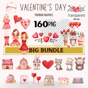 Saint-Valentin PNG, Bundle de cliparts, Saint-Valentin floral rose jolie carte de Saint-Valentin, amour dessins PNG, dessins de coeurs, salle de classe Saint-Valentin