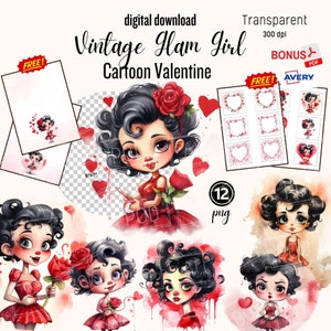 Valentines Clipart, Cartoon Valentines, Valentines PNG, Cute Valentines Card,  Vintage Girl Valentine, Love PNG Designs, FREE Printables