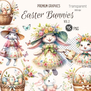 Lapin de Pâques PNG, mignon lapin, panier de Pâques PNG, pour Pâques carte de voeux Clipart, décoration de salle de classe, Scrapbooking, usage Commercial Vol.2
