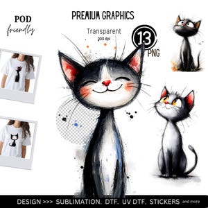 Cat Clipart Watercolor, Black Quirky Cat, Atomic Cat, Clipart Bundle PNG, Black Cat Watercolor Clipart, Cat Clipart PNG, Mug Sublimation Cat