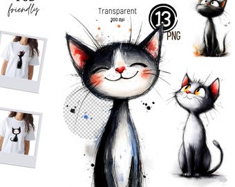 Katze Clipart Aquarell, schwarze schrullige Katze, Atomkatze, Clipart-Bundle PNG, schwarze Katze Aquarell Clipart, Katzenclipart PNG, Becher Sublimationskatze