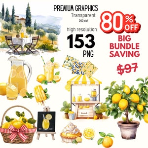 Limão, pacote PNG de jarra de limonada, pacote grande aquarela PNG clipart de verão, design PNG de barraca de limonada, venda de pintura de verão Toscana Itália