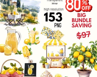 Lemon, Lemonade Pitcher PNG Bundle, Watercolor Big Bundle Summer Clipart PNG, Lemonade Stand PNG Design, Summer Tuscany Italy Painting Sale
