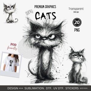 Cat Clipart Watercolor, Quirky Cat, Grumpy Cat, Clipart Bundle PNG, Animal Watercolor Clipart, Cat Clipart Printable, Sublimation Cat, POD