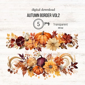 Fall PNG, Fall Border PNG Vol 2, aquarela clipart, imagens de decoração de outono para papelaria, canecas, placas de casamento, diários, itens de impressão sob demanda