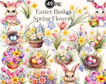 Osterkorb PNG, Osterhase PNG Frühlingsblume Für Clipart, Digitaler Download Klassenzimmer Dekoration, Scrapbooking, Ostern Aquarell Bundle