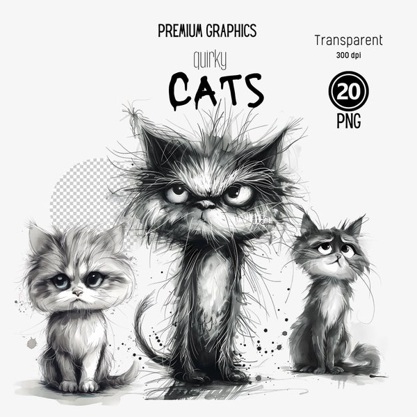 Cat Clipart Watercolor, Quirky Cat, Grumpy Cat, Clipart Bundle PNG, Animal Watercolor Clipart, Cat Clipart Printable, Sublimation Cat