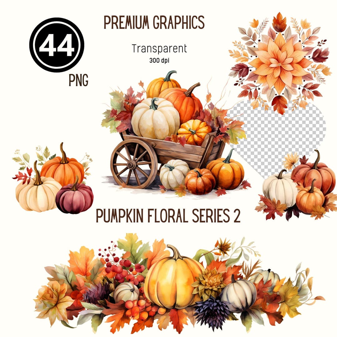 Fall PNG, Fall Border, Pumpkin Watercolor Clipart, Fall Floral Decor ...