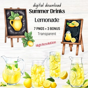 Jarra de limonada e bebida aquarela digital instantânea - uso comercial PNG bebida de verão para sinal de assinatura de casamento, menu de bebidas, designs de POD