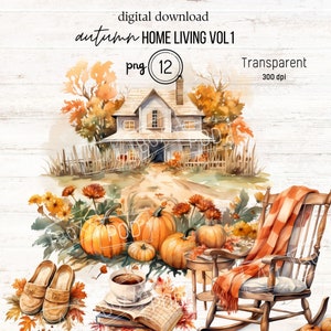 Herbst PNG, Herbst Haus Aquarell Clipart Vol 1, Für Briefpapier, Dankes-Karte, Print On Demand, Planer, Journal, Aufkleber, Scrapbooking
