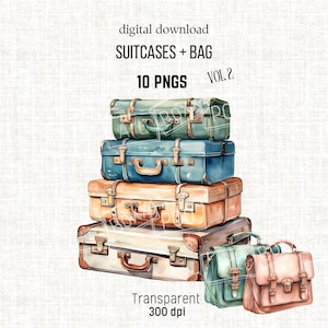 Bolsas, clipart de mala, Vol.2 Download digital, aquarela PNG para impressão sob demanda, design de camiseta, cartão de agradecimento, sacolas, salve a data