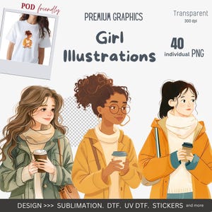Girl PNG, Watercolor Girls With Books And Coffee Digital Clipart, Cartoon Anime Girl PNG, Boho Books With Flowers PNG Design, Girls Clipart
