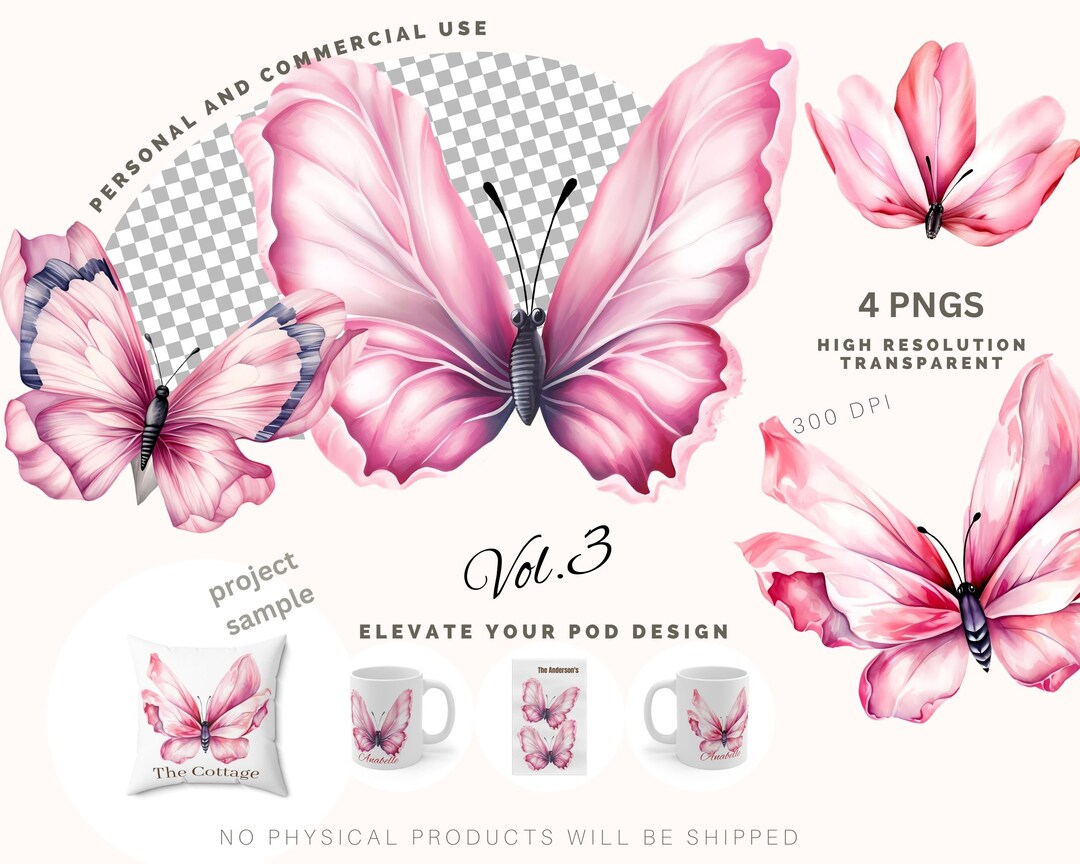 Pink Butterfly Clipart Instant Download 03 High Resolution Watercolor ...