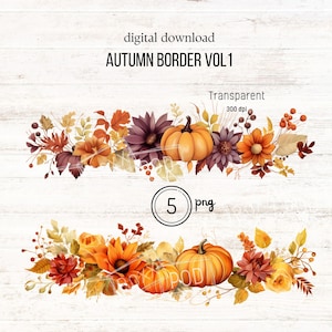 Fall PNG, Fall Border PNG Vol 1, aquarela clipart, imagens de decoração de outono para papelaria, canecas, placas de casamento, diários, itens de impressão sob demanda