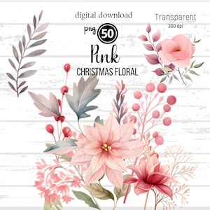 Weihnachten PNG, rosa Weihnachtsblumen, Aquarell Weihnachten Clipart für Grußkarten, Print On Demand, Aufkleber, Scrapbook, Tassen, Journals