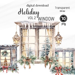 Kerst clipart, kerst venster, aquarel clipart, kerstkaarten, gezellige clipart, winter PNG, ornament clipart, vakantie tag clipart V2