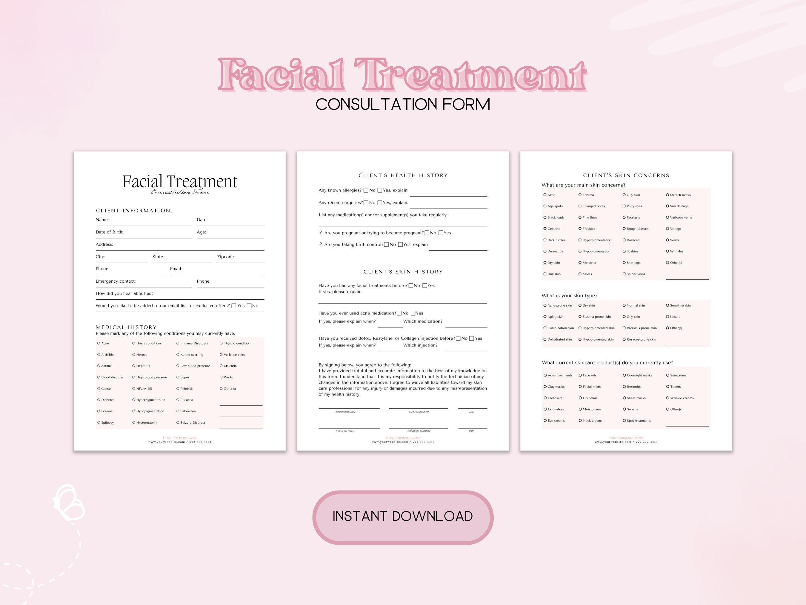 Facial Consultation Form for Estheticians and Beauty Salons, Client ...
