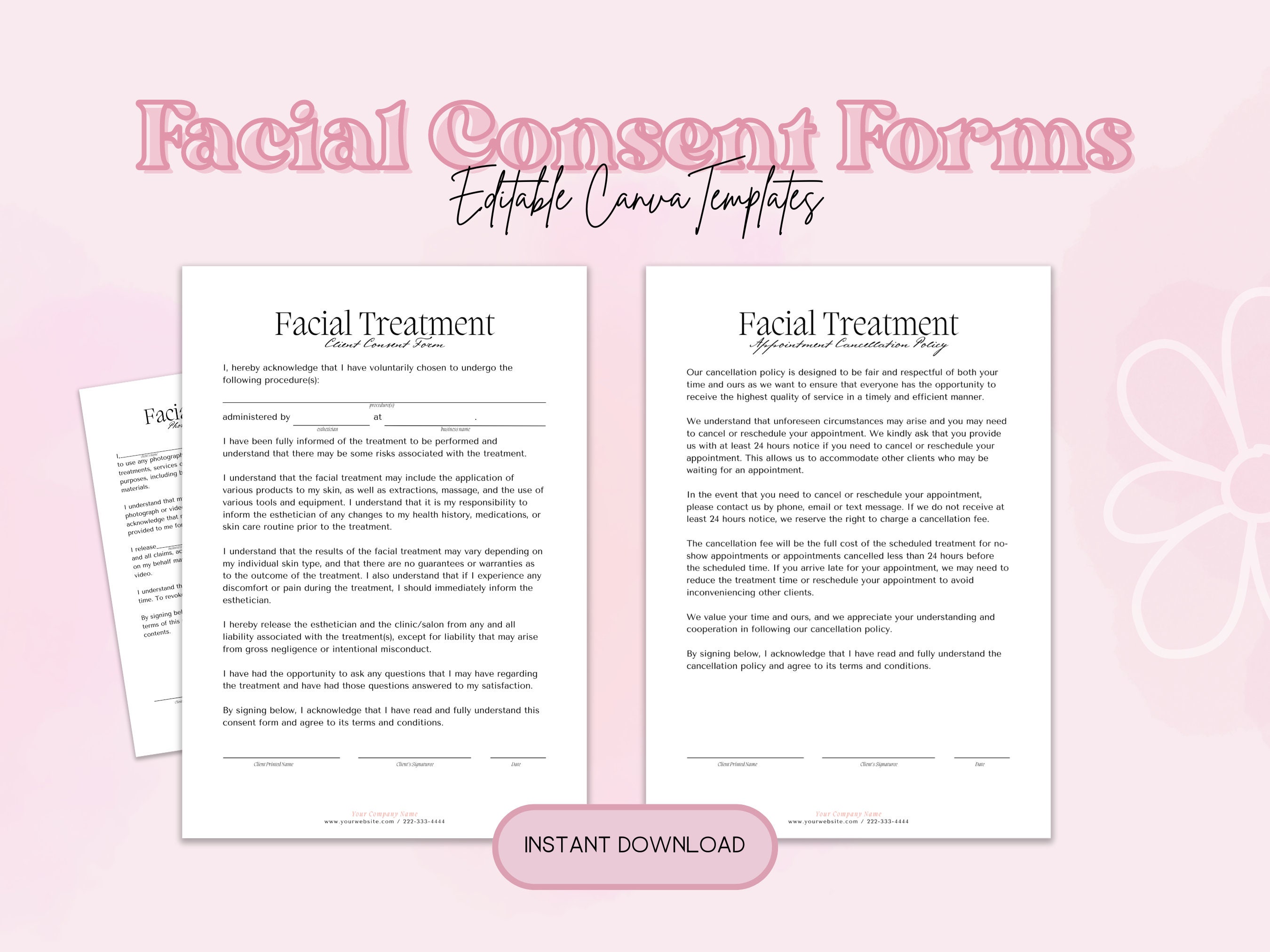Facial Esthetician Consent Forms, Client Consent Forms for Beauty Salons and Spas, Editable Custom Templates, Printable Skincare Templates