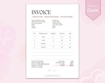 Invoice Template, Small Business Editable Invoice Form, Modern Printable Invoice Canva Template