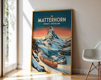 Impresión vintage del Matterhorn / Póster de viaje a Suiza, descarga digital instantánea / Arte mural alpino de Zermatt / Decoración de montaña suiza