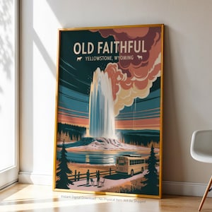 Vintage Old Faithful Poster | Yellowstone Wyoming Travel Art | Digital Download | Printable National Park Decor