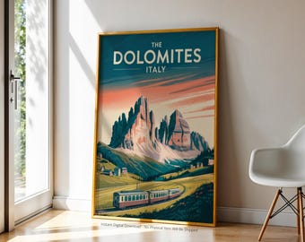 Vintage Dolomites Poster | Italy Travel Printable Wall Art | Retro Mountain Landscape Print | Instant Digital Download