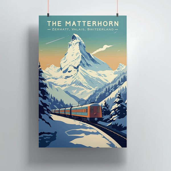 The Matterhorn Zermatt Retro Travel Poster - Art Deco Inspired Digital Illustration - Instant High Resolution Download