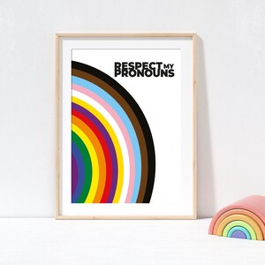 May include: Framed art print with the text "RESPECT MY PRONOUNS" above a rainbow design. The rainbow includes colors representing various identities. A wooden rainbow toy sits to the right of the framed print.