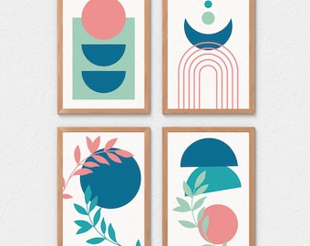 boho set of 4 printable wall art | home bathroom decor | coral and blue | nautical coastal print | colorful summer poster | digital download