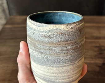 Large Scandi and white stoneware Yunomi 5_01. . This tea mug has small elements of wild clay  to give a pattern.