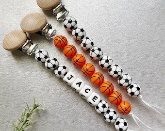 Personalized Baby Pacifier Clip - Basketball & Soccer